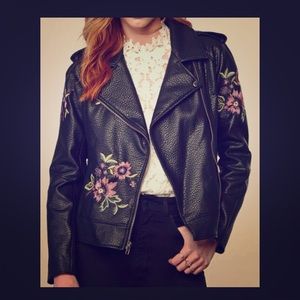 Embroidered black vegan leather Moto Jacket